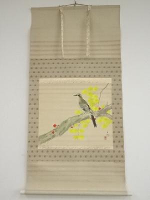 今井景樹筆　紅楓に鳥　肉筆絹本掛軸（共箱）